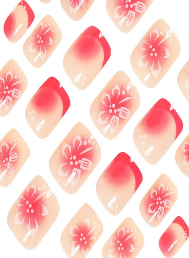 YoYoee 24-Piece Short Square Press on Nails - French Small flowers False Nails | Gradient Fake Nails for Women Elegant & Durable Artificial Nails for Instant Manicure - Image 2